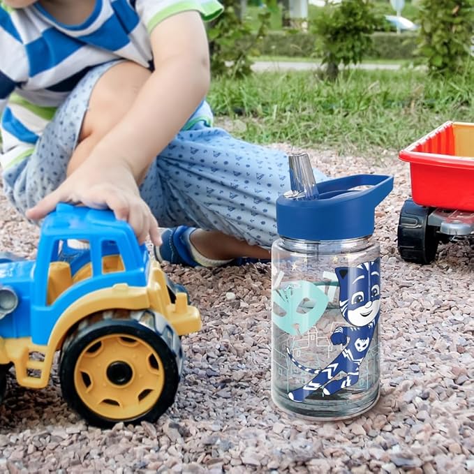 LOGOVISION PJ Masks Kids Tritan Plastic Water Bottle with Straw Lid and Handle, Reusable Tumbler for Toddlers, Unisex for Girls and Boys, 12oz, Big Catboy