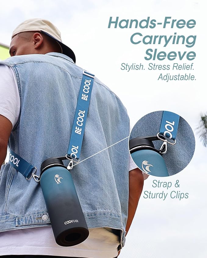 Coolflask Insulated Water Bottle with Strap, 40 oz Metal Water Flask with Straw & Spout Lids, Stainless Steel Double Wall Vacuum, Keep Cold 48h Hot 24h, Leak Proof & Non-BPA, Prussian Blue