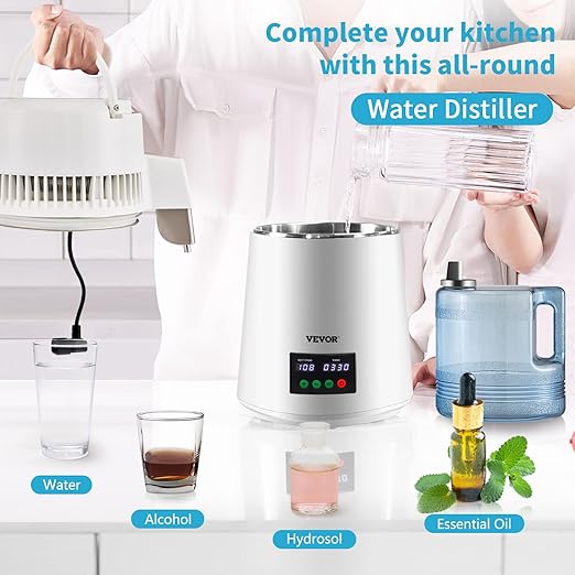 VEVOR 1.1Gal Water Distiller, 0.3Gal/H, Distilled Water Maker Machine 750W 0-99H Timing Set Temp Display, 304 Stainless Steel Countertop Distiller Plastic Carafe Cleaning Powder 3 Carbon Packs, White