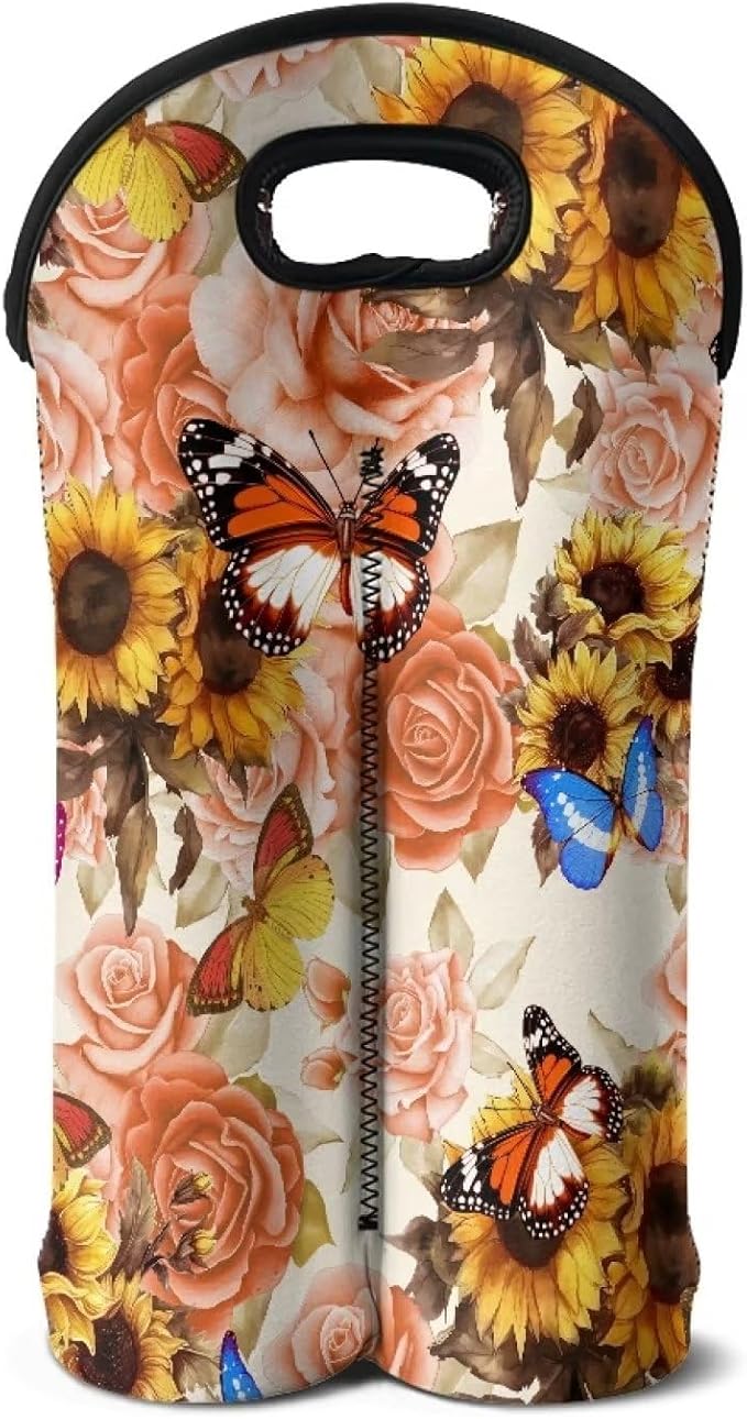 doginthehole Rose Butterfly Wine Bag Two Bottles Wine Bottle Carriers Tote Sunflower Print Wine Carrying Cooler Tote Bag Reusable Wine Bottle Protector Neoprene Protective Sleeve