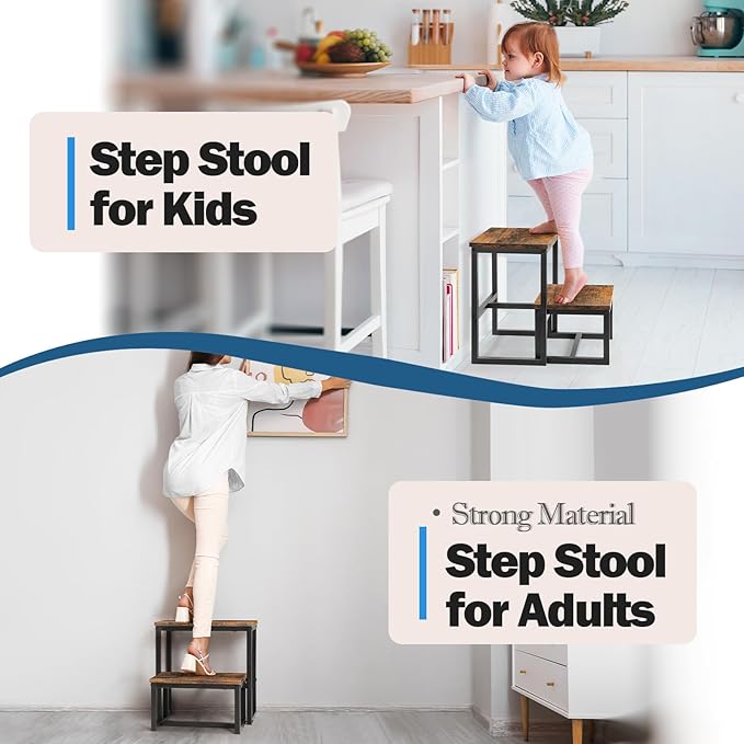 LIANTRAL Step Stools for Adults Kids, 3 in1 Heavy Duty Sturdy Two Step Stool, Supports Up to 500lb, Wooden Board Metal Frame, Foot Stool for High Bed Kitchen Bathroom - Rustic Brown