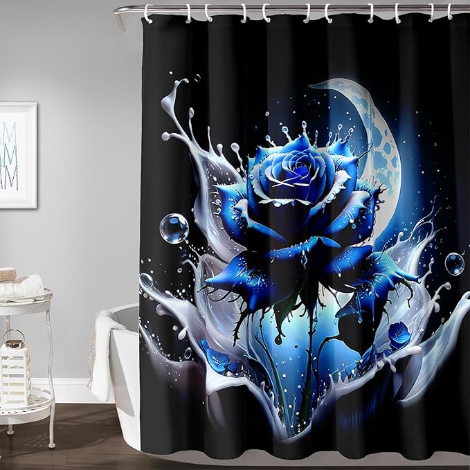 AILONEN 3D Rose Shower Curtain for Bathroom, Evening Moon Blue Rose Bath Curtain for Girls Women, Modern Floral Print Minimalism Shower Curtain Waterproof with 12 Plastic Hooks 72" W*72" H