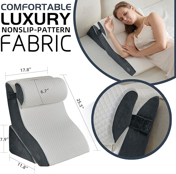 Qirroboni 3PCS Orthopedic Bed Wedge Pillow Set, Adjustable Pillows for Neck, Back and Leg Pain Relief Comfortable & Post Surgery Foam - Heartburn, Anti Snoring, Acid Reflux & GERD Sleeping Light Grey