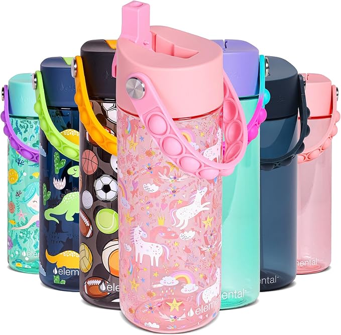 Elemental Leak Proof Water Bottles for Kids - Splash Kids Water Bottle for School with Fun Fidget Pop-it Handle - BPA Free Tritan Plastic Reusable Water Bottle with Straw - Pink Unicorn - 18oz