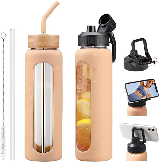 Glass Water Bottles with Straw -32oz- Water Bottle Phone Holder for Gym Large Motivational Water Bottle with Time Marker Glass Drinking Bottles 2 Lids - Spout & Bamboo Straw Lid(Amber)