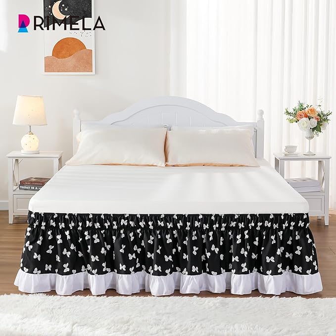 RIMELA Black Elastic Bed Skirt Queen Szie 16 inch Drop, Bedskirt Easy to Put On, Solid Wrap Around Dust Ruffle, Fade Resistant Silky Fabric Machine Washable