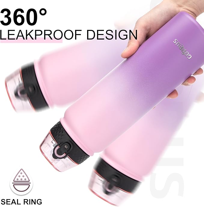 GOPPUS 32 oz Sports Water Bottle 1 Liter Double Wall Insulated Stainless Steel Water Bottles with Straw Lid Reusable Leak proof Metal water bottles with Strap Handle(Pink Purple 1 lid)