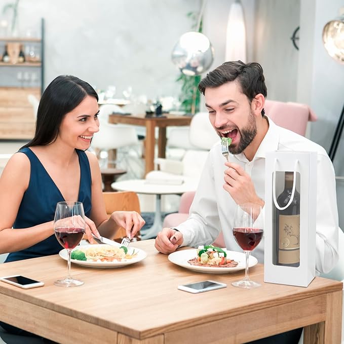 Ssyuysto 12 Pcs White Wine Gift Bags With Handle for Wine Bottles Gifts,4.9"x3.34"x14.1" Sturdy Kraft Paper Wine Bags With Window for Wedding Anniversary Birthday Party Christmas Thanksgiving