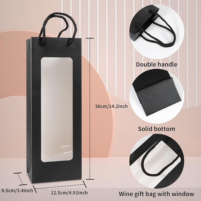 Cyblinia 20 Pack Wine Gift Bags Paper Wine Bags 14.2 x 4.9 x 3.4 Inch Wine Bottle Bags with Clear Window for Weddings, Valentine's Day, Birthday, Party