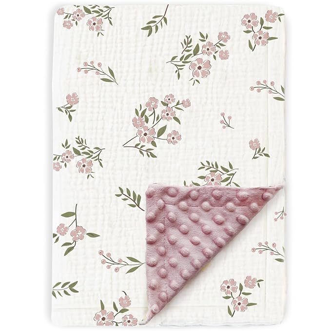 Muslin Baby Blankets for Girls Super Soft Nursery Minky Blankets with Breathable Muslin Cotton Front and 3D Touch Dotted Fleece Backing, Pink Floral Printed Bed Throws Newborn
