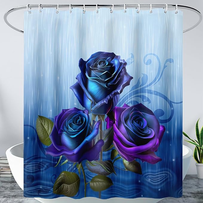 AILONEN Blue Rose Shower Curtain for Girls,Raining Rose Shower Curtain for Bathroom Decor,Women Kids Polyester Waterproof 3D Printed Bath Curtain with 12 Hooks,72" W*78" H