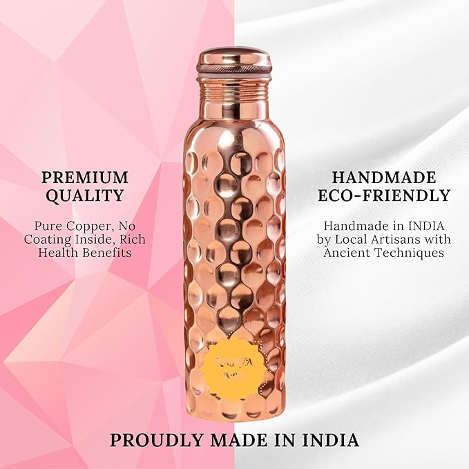 Pure Copper Metal Water Bottle - 32 oz - Indian Handmade Ayurveda Healing Drinking Water Bottle for Travel, Hiking, Gym, Office, Outdoor - Glossy Honeycomb