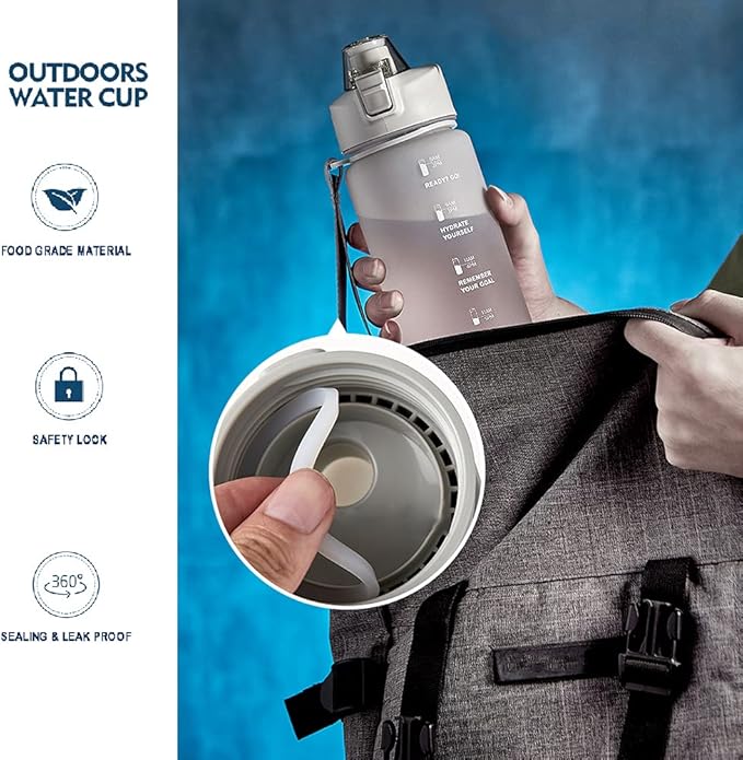 DEARART 32oz Grey Multicolor Water Bottle, Detachable Straw Wide Mouth Motivational & Time Marker with Handle Easy Carried, Suit Travel Office Yoga Gym School Work etc.