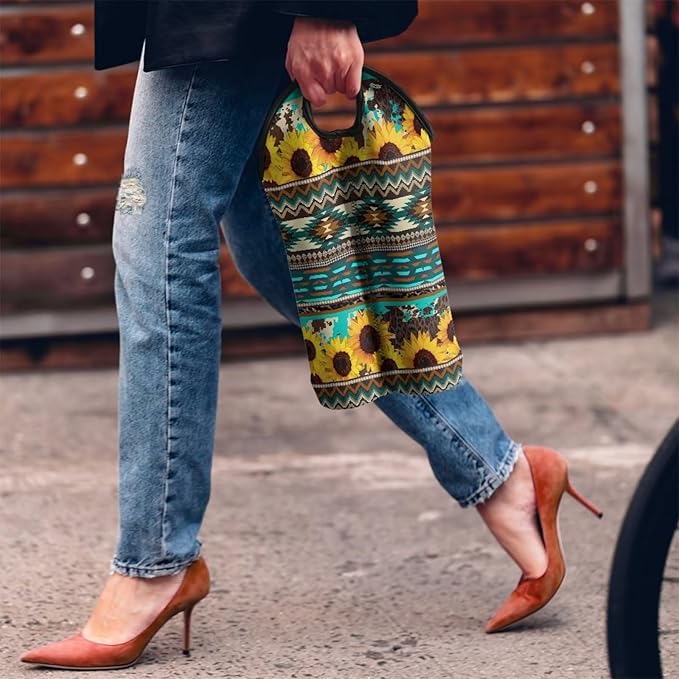 doginthehole Sunflower Insulated Wine Bag 2 Bottles Portable Wine Carrier Tote Aztec Tribal Geometry Print Wine Cooler Bag Champagne Bottle Holder Protective Sleeve