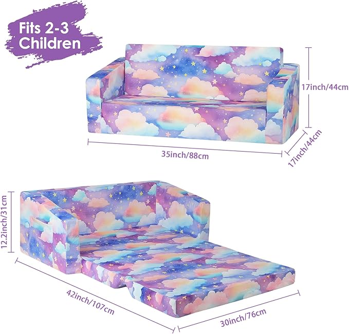 Foldable Kids Sofa Couch 2 in 1 Children Convertible Sofa to Lounger Flip Open Toddlers Sofa Bed,Extra Wide Soft Lightweight for Bedroom Livingroom Playroom
