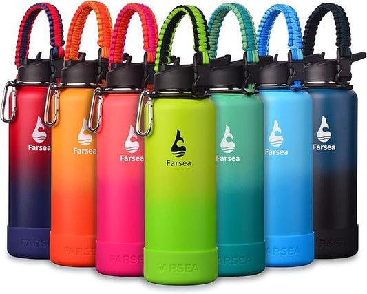Farsea Insulated Water Bottle With Paracord Handle, Protective Silicone Boot and 2 Lids (Straw Lid & Spout Lid), Stainless Steel Water Bottle Wide Mouth, Double Wall Sweat-Proof BPA-Free, 40 oz