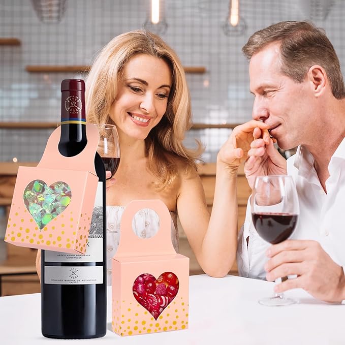ISKYBOB 25 Pieces Wine Bottle Box with Window, Kraft Paper Wine Boxes for Gifts Hanging Wine Bottle Gift Box Foldable Wine Bottle Hanger Favor Box for Holding Candy Truffles Chocolate Cookies (Pink)