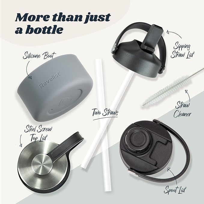 Revelist Sports Water Bottle - 32 Oz, 3 Lids (Straw Lid, Spout & Screw Top) with Boot, Vacuum Insulated Stainless Steel, Double Walled, Reusable Water Flask, Metal Canteen - Slate Grey