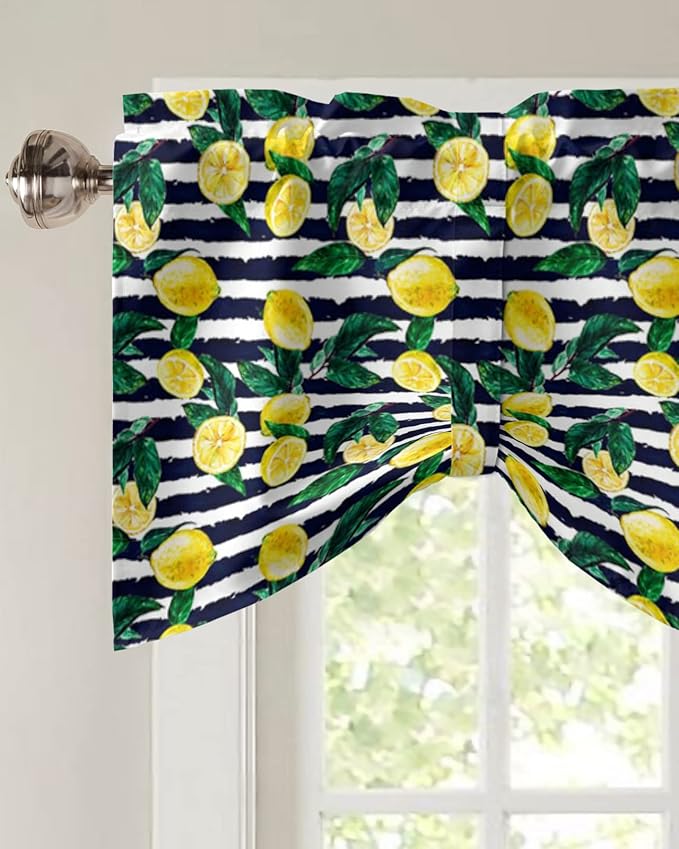 Tie Up Valance for Kitchen Living Room Farmhouse - Lemon and Stripe Pattern Rod Pocket Adjustable Tie-up Shade Valance for Small Window, Window Valance Balloon Drape for Bathroom 54x18 inches