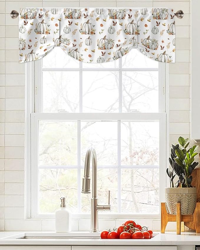 Fall Floral Leaves Blackout Tie Up Valance Curtains for Kitchen Windows Thanksgiving Pumpkins Window Toppers Balloon Shades for Living Room/Bathroom/Bedroom,1 Panel,54" X 18" Boho