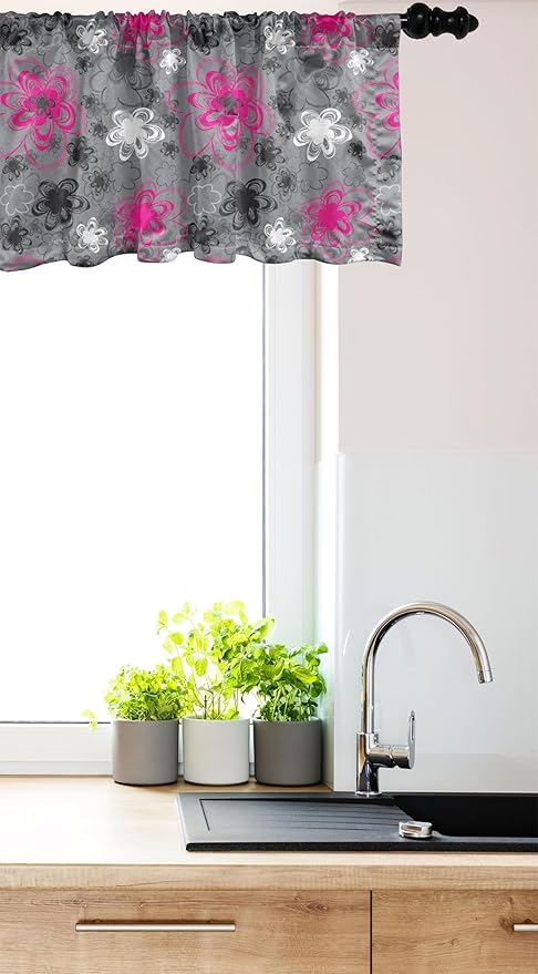 Ambesonne Vintage Floral Window Valance, Vibrant Colored Free Hand Drawing Style Blossoms Antique Retro, Curtain Valance for Kitchen Bedroom Decor with Rod Pocket, 42" x 12", Hot Pink Black Grey