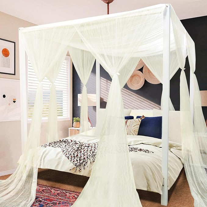 South to East Beige Canopy Bed Curtains, 4 Corner Post Bed Canopy, Top Elegant Bed Drapes for Bedroom Decor, 75D Polyester Mesh, 4 Openings, Easy Install, Bed Curtain for King/Queen Size