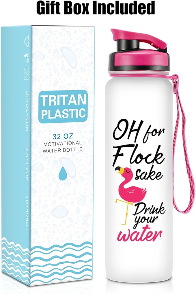 LEADO 32 oz 1 Liter Motivational Tracking Water Bottle with Times to Drink - for Flock Sake Drink Your Water - Funny Mothers Day, Flamingo Birthday Gifts for Women, Friends, Mom, Daughter, Her