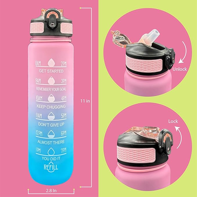 Yaa Fresh Water Bottles, 32oz Motivational Sports Water Bottle with Time Marker-Times to Drink-Tritan, BPA Free, Leakproof water bottle (1 Pack) (Pink-Blue), 1101-1