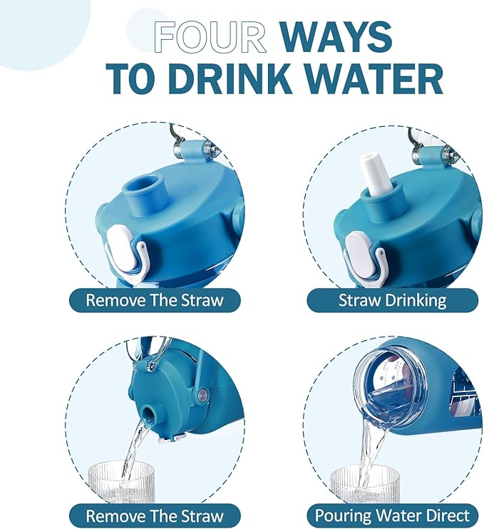 kytffu 42oz Glass Water Bottles with Straw, Motivational Glass Bottle with Silicone Sleeve and Time Marker, Leakproof Large Glass Water Jug for Gym Home Office,Iron Blue