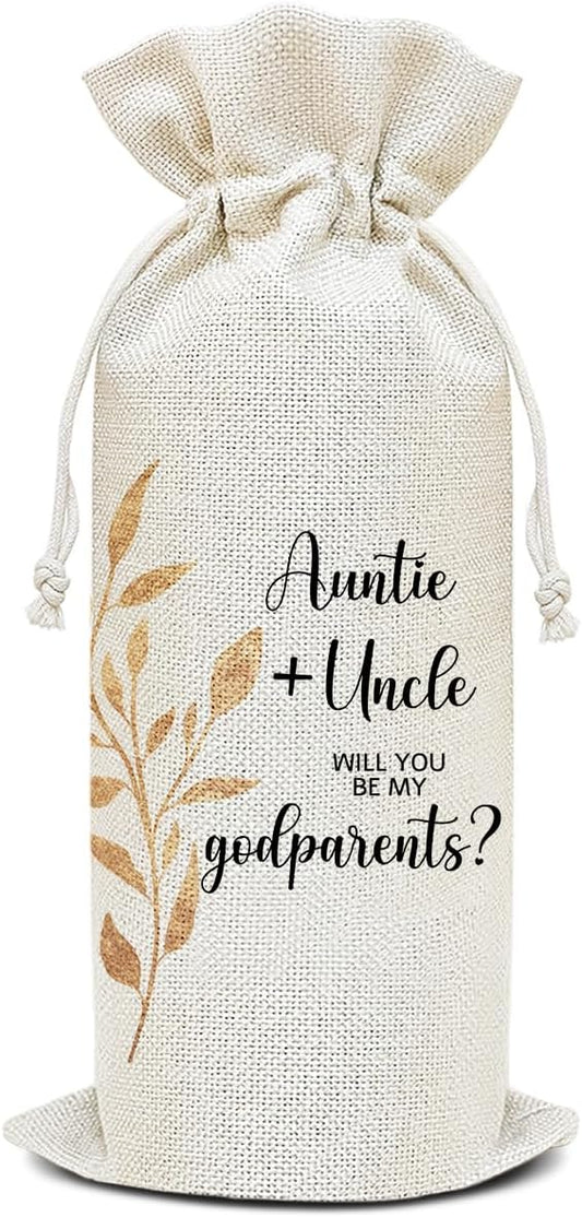 Wine Canvas Bag, Godparent Gift Wine Gift Bag, Godparents Proposal Gifts for Brother Sister Auntie Uncle Wine Bags for Wine Bottles, Wine Champagne Gifts With Drawstring Baptism Party Decoration -WB07