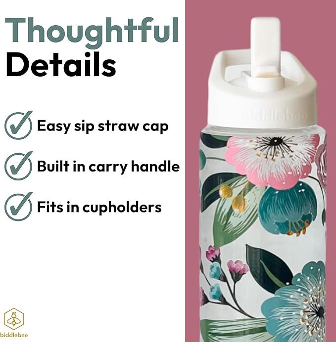 Biddlebee 32oz. Hydration Tracker Water Bottles with Times To Drink | Big Motivational Water Bottle with Time Marker, Straw Lid, & Measurements | BPA-Free (Pretty Flowers)