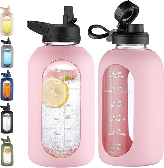 CIVAGO 64 oz Glass Water Bottle Jug with Straw and Handle, Half Gallon Sports Motivational Water Bottle with Time Marker and 2 Lids, Large Water Flask Canteen with Silicone Sleeve for Gym,Pink