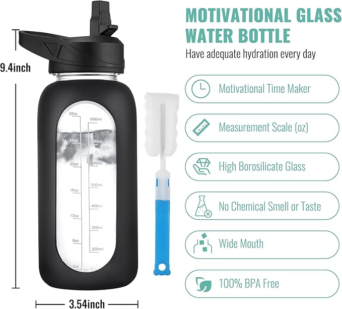 CIVAGO 32 oz Glass Water Bottle with Straw and Handle, Large Sports Motivational Water Bottle Flask with Time Marker and 2 Lids, Leakproof Water Jug Canteen with Silicone Sleeve for Gym,Sage…