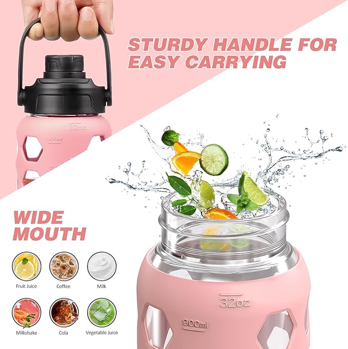 MUKOKO Glass Water Bottles, 32oz Glass Tumbler with Straw, Drinking Bottles with 2 Lids-Handle Spout Lid&Bamboo Straw Lid, Motivational Water Bottle with Time Marker and Silicone Sleeve, 1 Pack-Pink