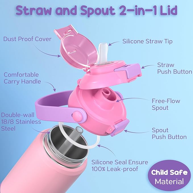 Fimibuke Kids Insulated Water Bottle with Pop-Open Straw & Spout 2-in-1 Lid, 18oz Leak Proof 18/8 Stainless Steel Vacuum Tumbler, BPA-Free Kids Cup For Travel School Boys Girls Toddler 1Pack,Pink
