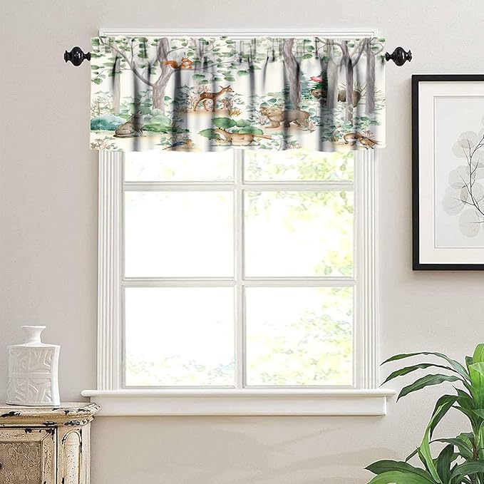 Forest Animal Kitchen Valances,Fox Elk Bird Animal Watercolor Woodland Print Kitchen Curtains Valances Kids Nursery Bedroom Living Room Cafe Home Decoration 54x18 Inch, 1 Panel