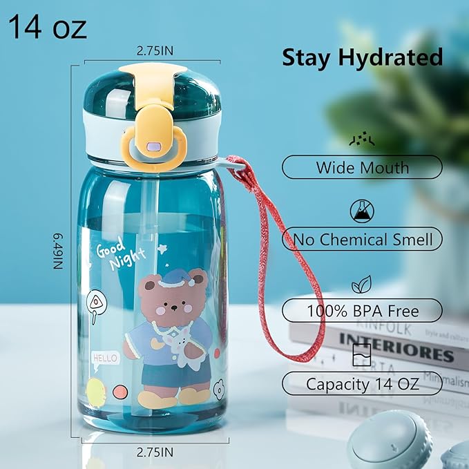 Kid Water Bottle, Cute Water Bottle, Kawaii Water Bottle with Straw and Strap, Clear Bear Water Bottles for Travel, Outdoor, 14oz