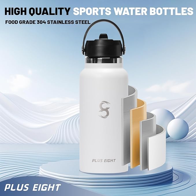 Sports Water Bottle, 32 oz Insulated Water Bottle With Straw, Stainless Steel Water Bottle Wide Mouth for Sports, Gym or Office, BPA-Free Keep Cold 24H Hot 12H (White)