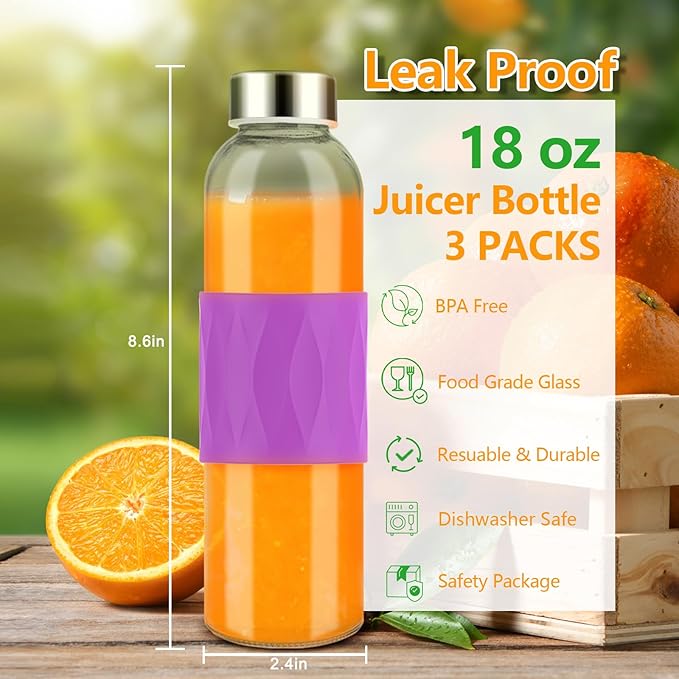 Clear Glass Water Bottles with Silicone Sleeve and Lids 18 oz, Reusable Glass Juice Bottles with Stainless Steel Airtight Cap for Juicing, Leak Proof Drinking Bottles, BPA Free, Set of 3, OPR