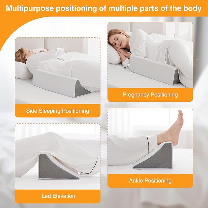Side Wedge Pillow for Sleeping, Versatile Bed Wedge Back Pillow for Pregnancy, Back Pain, Leg Elevation and Side Sleepers, Memory Foam Body Positioner with Cover, Anti-Slip Base, White/Grey