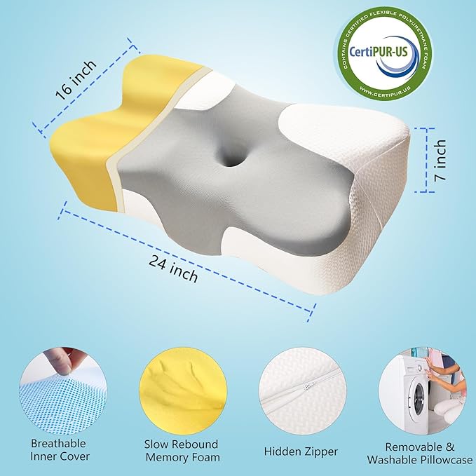 Cervical Pillow for Neck Pain Relief-Ergonomic Contour Pillows-Memory Foam Cervical Pillow,Odorless Ergonomic Contour Pillows,Orthopedic Bed Pillow for Side Back Stomach Sleeper - White-Grey