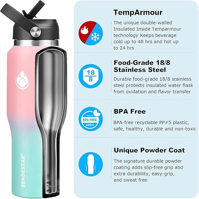 SENDESTAR 40oz Stainless Steel Water Bottle(Cold for 48 Hrs, Hot for 24 Hrs),Double Wall Vacuum Insulated Bottle with Straw Lid, Spout Lid and Flex Cap, Fit in Any Car Cup Holder， Pink-B