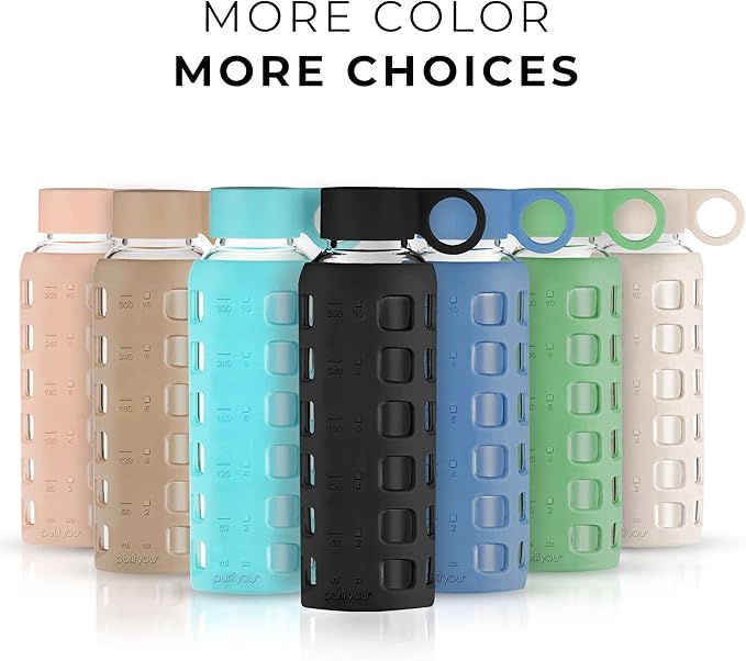 purifyou Premium 40/32 / 22/12 oz Glass Water Bottles with Volume & Times to Drink, Silicone Sleeve & Stainless Steel Lid Insert, Reusable Bottle for Fridge Water, Milk, Juice (12oz Jet Black)