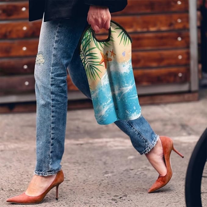 doginthehole 2 Bottle Wine Carrier Beach Theme Travel Insulated Wine Carrying Case Cooler Tote Bag Wine Bottle Holder Neoprene Champagne Bottle Protective Bag Wine Accessories Gift for Women Men