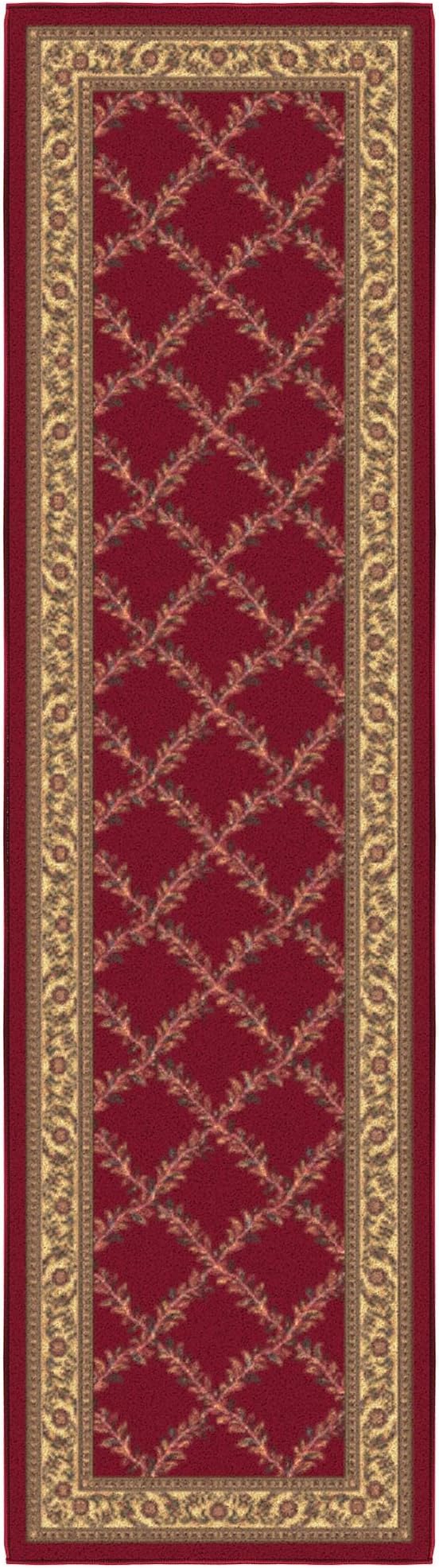 Ottomanson Machine Washable Trellis Design Non-Slip Rubberback 2x7 Modern Runner Rug for Hallway, Kitchen, Living Room, Bedroom, 1'10" x 7', Red Trellis