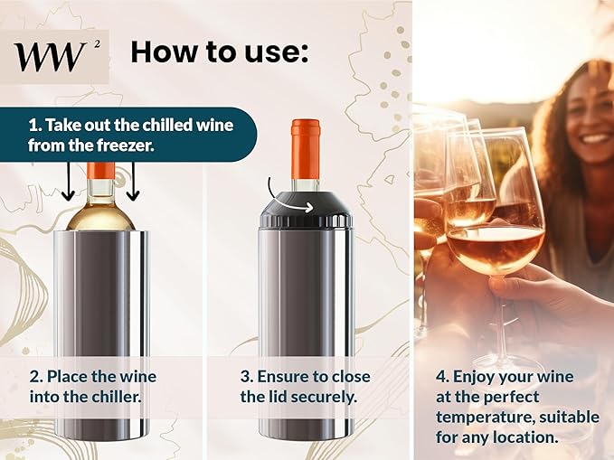 WW² - Wine Chiller With Stopper | Double-Wall Insulation, Anti-Slip Base | Up to 4" Diameter | Adjustable Silicone Top for Serving & Longer Cooling