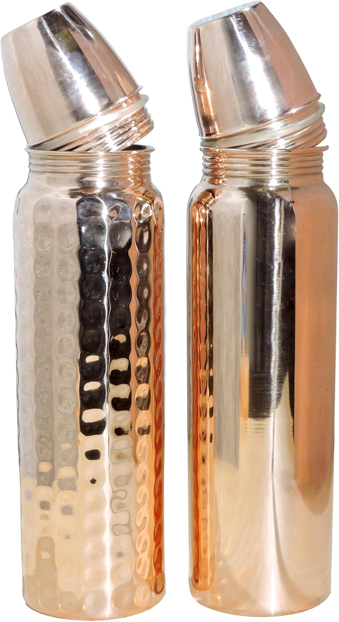 Set of Plain and Hammered Copper Water Bottle Thermos, 850 Ml (28.75 Fl Oz) UNLINED, UNCOATED and LACQURED-FREE for Ayurveda Health Benefits
