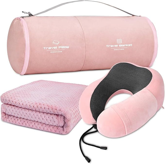 Travel Pillow and Blanket Set Neck Pillow Airplane Memory Foam for Traveling Compact with Bag Pink