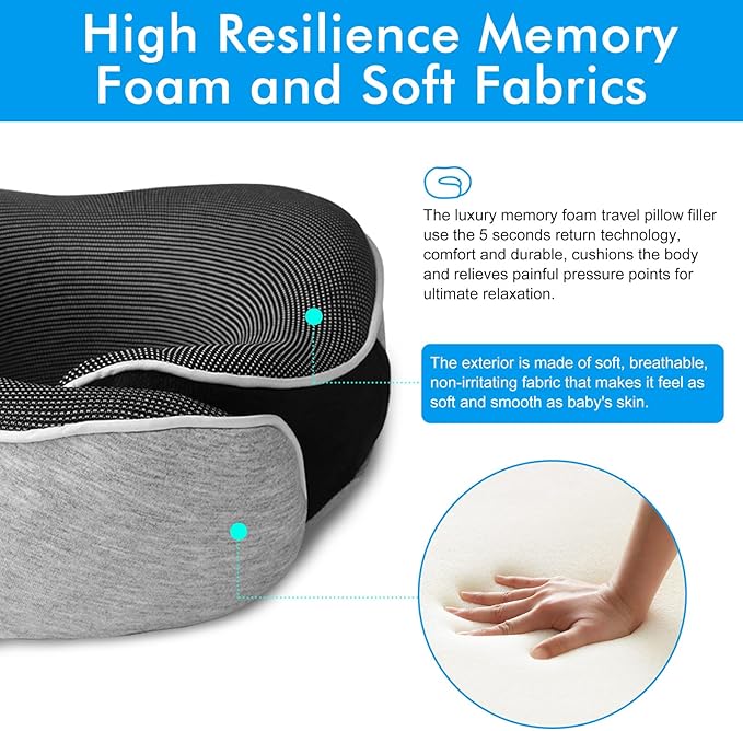 Travel Pillow,Upgraded 100% Memory Foam Neck Pillow for Traveling,Ergonomic Design Soft Best Flight Pillow,Neck Pillow Airplane Kit with 3D Contoured Eye Masks,Earplugs and Luxury Bag (Grey)