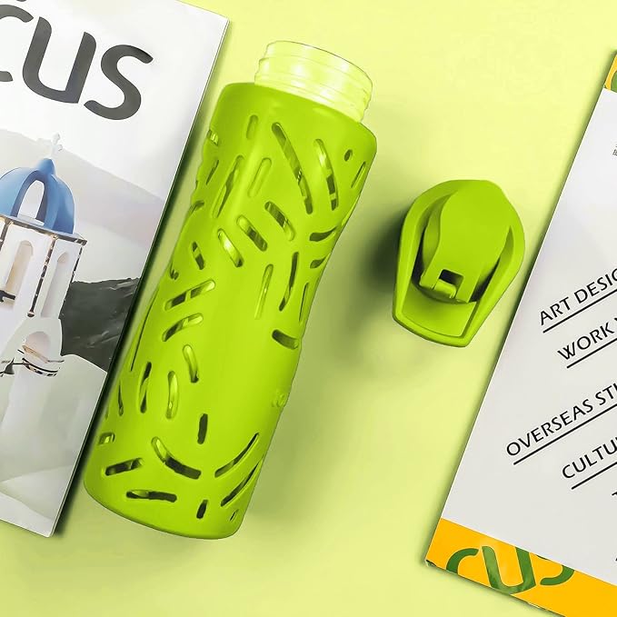 Top&Top 25oz Glass Water Bottles with Straw Cap – Wide Mouth Sports Water Bottles with Protective Silicone Sleeve + 3 Reusable Different Leak-Proof Lids (BPA Free) for Fitness and Outdoor (Yellow)